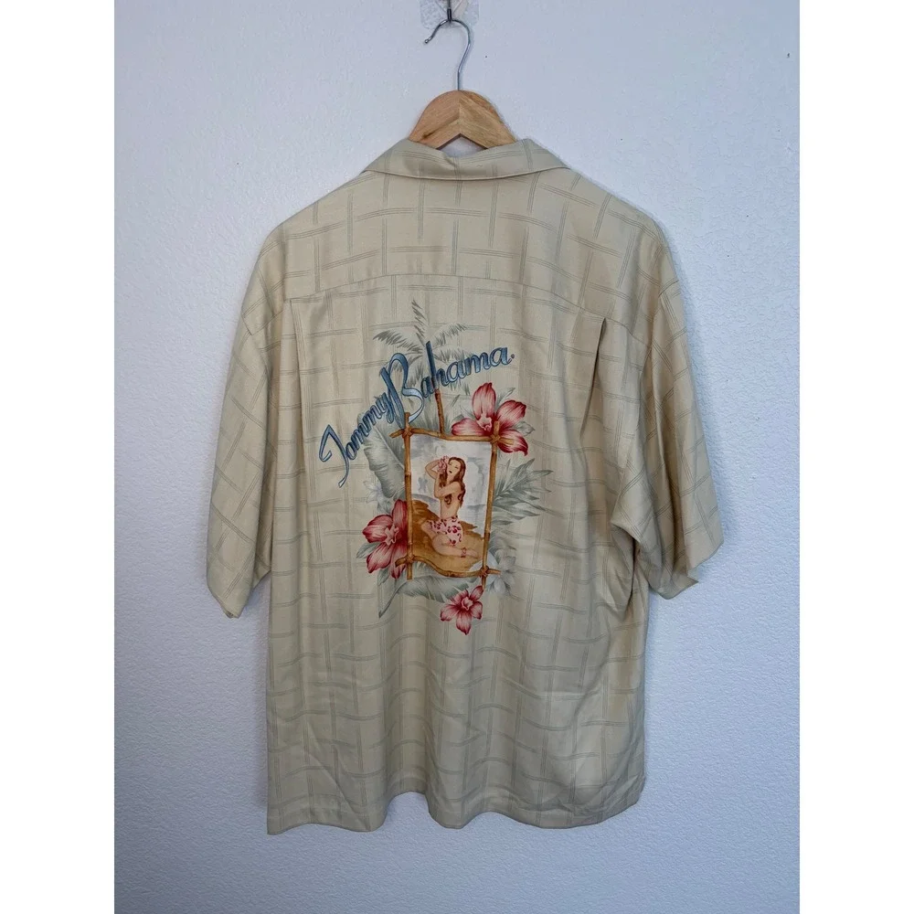 Tommy Bahama Mens Silk Camp Shirt Large Cream Hula Girl Pin Up Graphic Back Tan - Picture 4 of 5